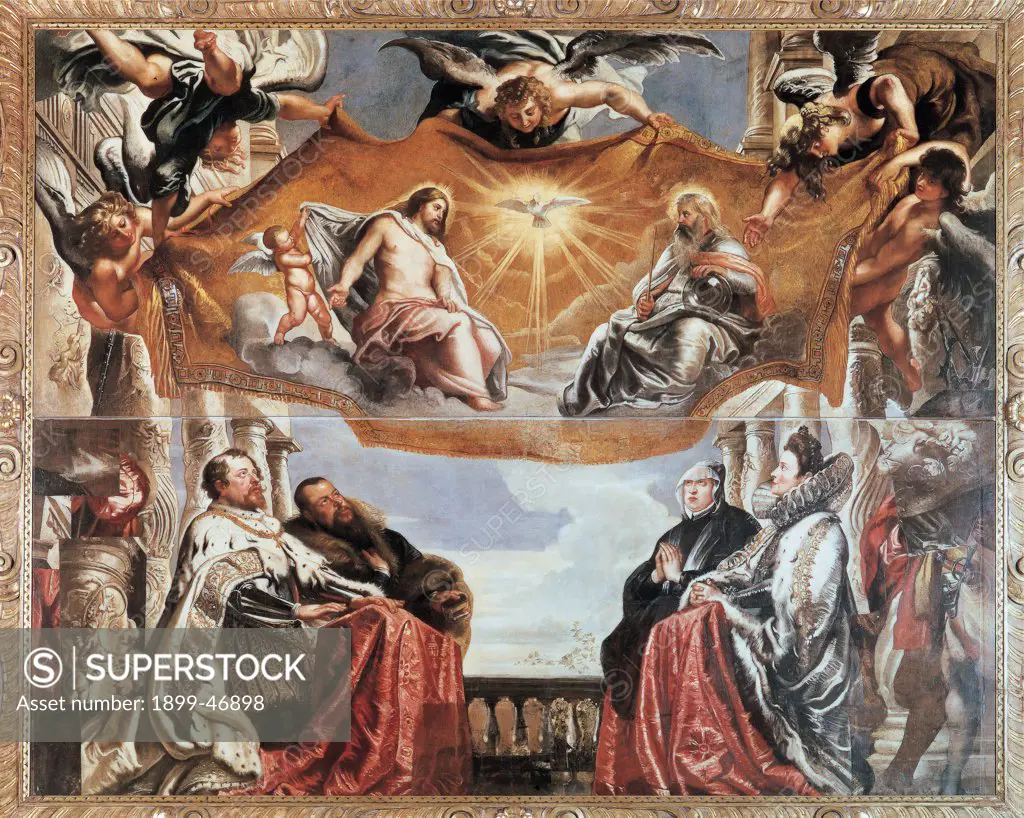 The Gonzaga Family Adoring the (Holy) Trinity, by Rubens Peter Paul, 1605, 17th Century, . Italy: Lombardy: Mantua: Ducal Palace: Ducal Appartament. All The Gonzaga Family Adoration Trinity/Holy Trinity Jesus Christ God the Father Holy Ghost Dove angels putti Vincenzo I Guglielmo Gonzaga Eleanor of Austria Eleonora de' Medici wife spiral/twisted columns princes reassembled fragments