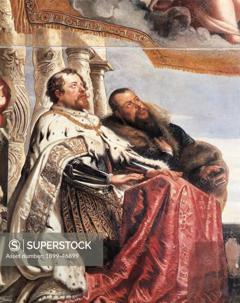The Gonzaga Family Adoring the (Holy) Trinity, by Rubens Peter Paul, 1605, 17th Century, . Italy: Lombardy: Mantua: Ducal Palace: Ducal Appartament. Detail of dukes Guglielmo Gonzaga and Vincenzo I on their knees praying mantle/cloak/cape ermine prie-dieu textile/fabric/material man beard moustache fur