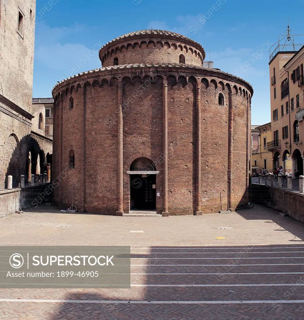 Rotonda of San Lorenzo in Mantua, by Unknown artist, 1082, 11th Century, . Italy: Lombardy: Mantua: San Lorenzo Rotonda. View exterior church Rotonda San Lorenzo hanging arcading pilaster-strips drum/tambour dome round arch