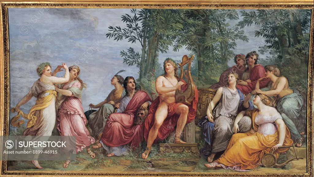 Parnassus (Apollo and the Muses), by Appiani Andrea, 1811, 19th Century, fresco. Italy: Lombardy: Milan: Villa Reale: Villa Belgioioso Bonaparte. Parnassus Apollo cithara player musical instruments zither dancing Muses
