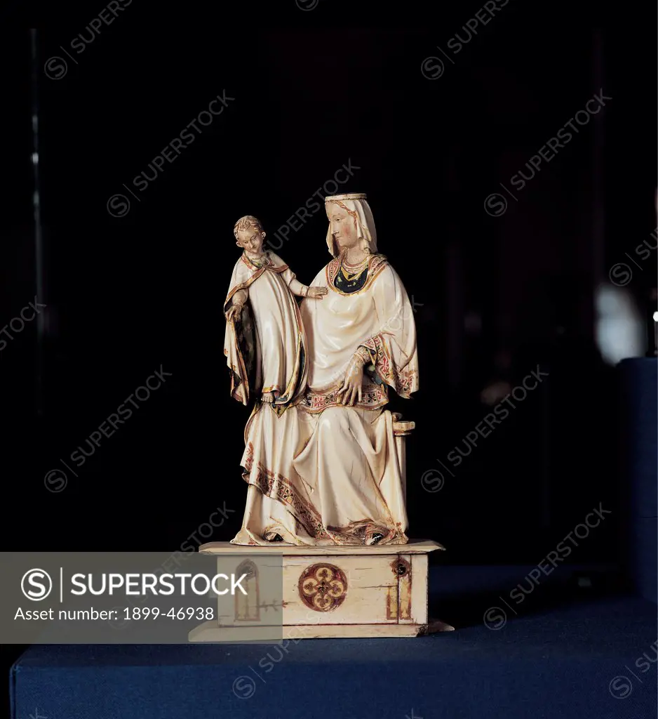 Madonna and Child, by Paris work, 14th Century, . Italy: Umbria: Perugia: San Francesco Basilica. Whole artwork. Statue Madonna seating with Jesus as a young boy standing white painting