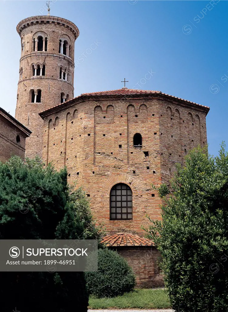Baptistery of the Ortodossi (Neonian Baptistery), by Unknown artist, 5th Century, . Italy: Emilia Romagna: Ravenna: Neonian Baptistery. Baptistery exterior bell-tower bricks two-light windows three-light windows blind arches