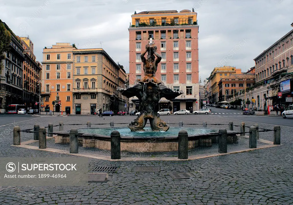 Triton Fountain, by Bernini Gian Lorenzo, 1642 - 1643, 18th Century, travertine stone. Italy: Lazio: Rome: Piazza Barberini. View Triton fountain Piazza Barberini Rome basin water