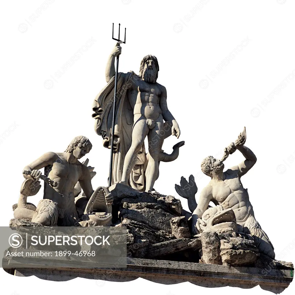 Fountain of Neptune in Piazza del Popolo, by Ceccarini Giovanni, Valadier Giuseppe, 1823, 19th Century, . Italy: Lazio: Rome: Piazza del Popolo. Detail. Sculptural group Neptune fishes tritons