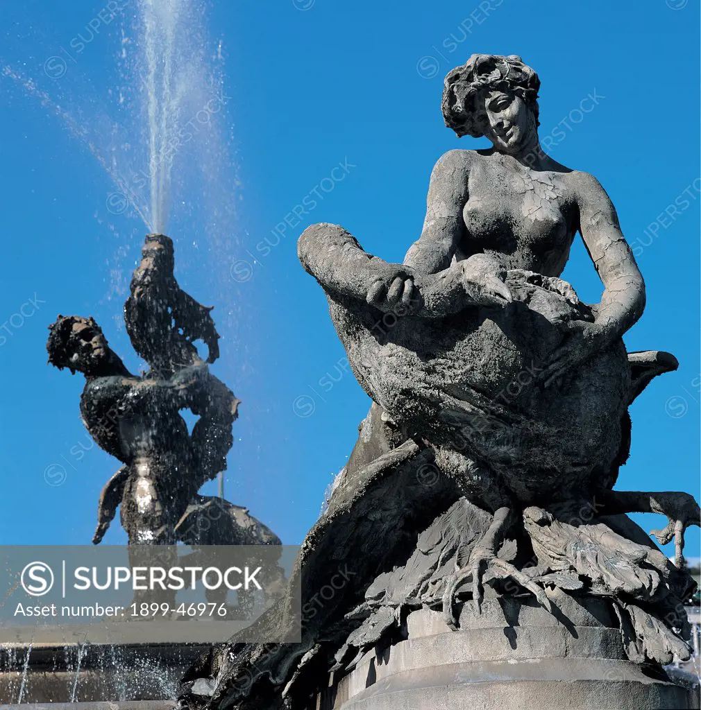 Fountain of the Naiads, by Rutelli Mario, Guerrieri Alessandro, 1888 - 1912, 19th Century, . Italy: Lazio: Rome: Piazza della Repubblica. Detail. Naiads fountain Piazza della Repubblica Rome nymph lakes swan Glauco jet