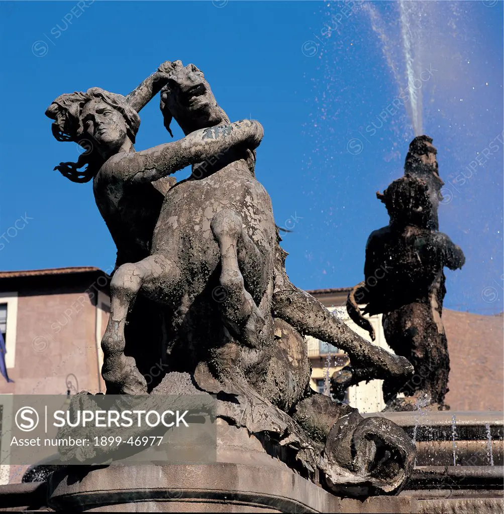 Fountain of the Naiads, by Rutelli Mario, Guerrieri Alessandro, 1888 - 1912, 19th Century, . Italy: Lazio: Rome: Piazza della Repubblica. Detail. Fountain of Najads Piazza della Repubblica Rome seas' nymph horse Glaucus jet