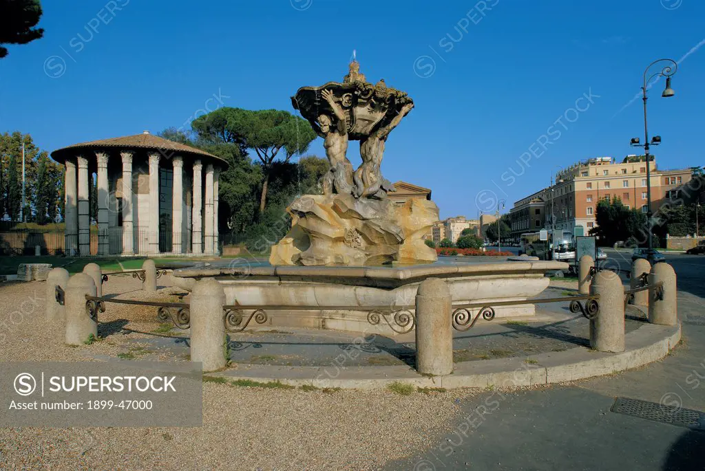 Fountain of Tritons in Piazza della Bocca della Verita, by Unknown artist, 1717, 18th Century, . Italy: Lazio: Rome: Piazza Bocca della Verita. View fountain of Tritons piazza della Bocca della Verita Rome basin pond Vesta temple
