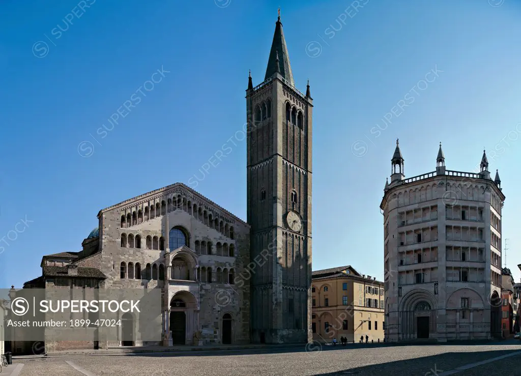 Piazza del Duomo, by Unknown artist, 1059, 11th Century, . Italy: Emilia Romagna: Parma: Cathedral: Piazza del Duomo. Whole artwork. View Piazza del Duomo architectural masterpiece Middle Ages cathedral baptistery palazzo walls Po Valley Romanesque basilica bell tower