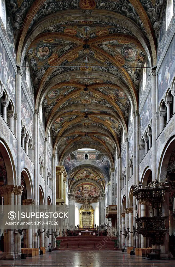 Parma Cathedral, by Unknown artist, 11th Century, . Italy: Emilia Romagna: Parma: Cathedral: Piazza del Duomo. Whole artwork. View Parma Cathedral Po Valley Romanesque basilica interior nave ceiling apse