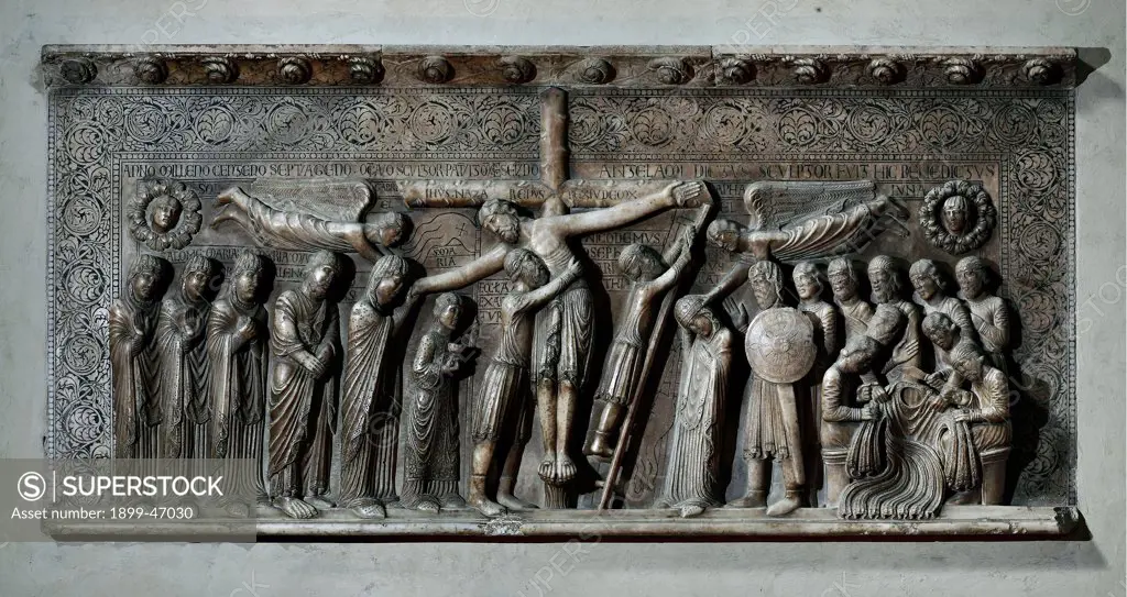 Deposition, by Antelami Benedetto, 1178, 12th Century, marble, bas, relief. Italy: Emilia Romagna: Parma: Cathedral. Whole artwork. Cross Christ ladder nails Mary Madonna angels notable inscriptions soldiers dices tunic shield decoration