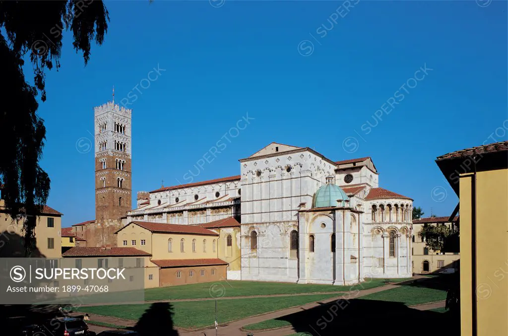 San Martino, by Unknown artist, 1060, 11th Century, . Italy: Tuscany: Lucca: San Martino cathedral: Duomo. Detail. Side. San Martino Cathedral Lucca bell-tower two-color marble brick small blind arches transept apse loggia small columns pillars columns oculi