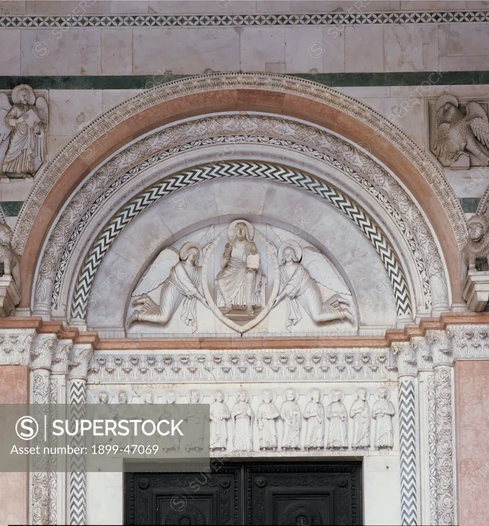 San Martino, by Unknown artist, 1060, 11th Century, . Italy: Tuscany: Lucca: San Martino cathedral: Duomo. Detail. Doorway. Lunette. Christ Judge almond halo/aureole angels oversailing courses splay frieze small figures Jesus apostles capitals small columns two-color marble white green