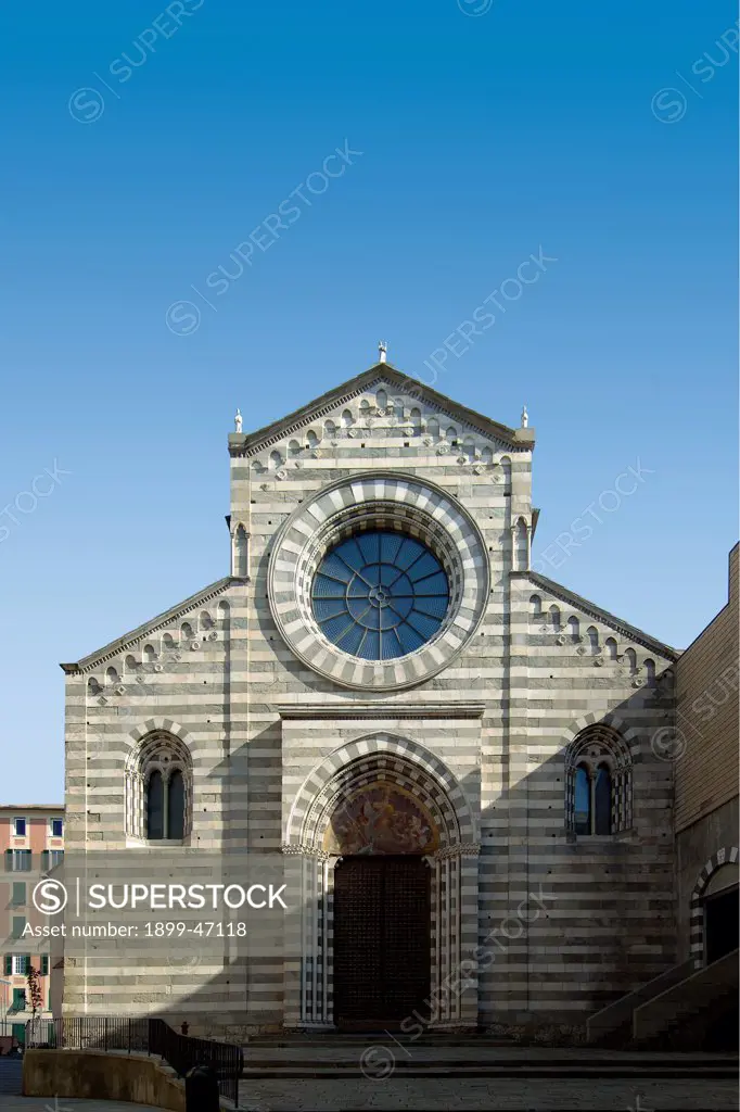 Sant'Agostino Complex - Genoa, by Unknown artist, 1260, 13th Century, . Italy: Liguria: Genoa: Sant'Agostino Church. Front view facade Sant'Agostino church Genoa rose-window doorway lunette ogive corbels salients pilasters/strips listels two-color