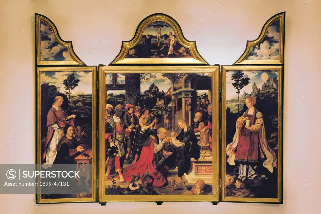 Triptych of the Adoration of the Magi, by Van Cleve Joos, 1517, 16th Century, panel. Italy: Liguria: Genoa: San Donato church. Whole artwork. Triptych open screens The Holy Family Adoration of the Magi St Mary Magdalene client Stefano Raggio kneeling Saint protomartyr St Stephen landscape