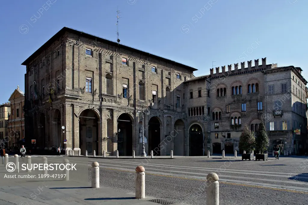 City Hall, Parma, by Magnani Gian Battista, 1627, 17th Century, . Italy: Emilia Romagna: Parma: City Hall. View from the north porticoes palazzo Renaissance features motifs niches rectangles half-columns exterior view brick portico ground floor three-light windows imposing walls