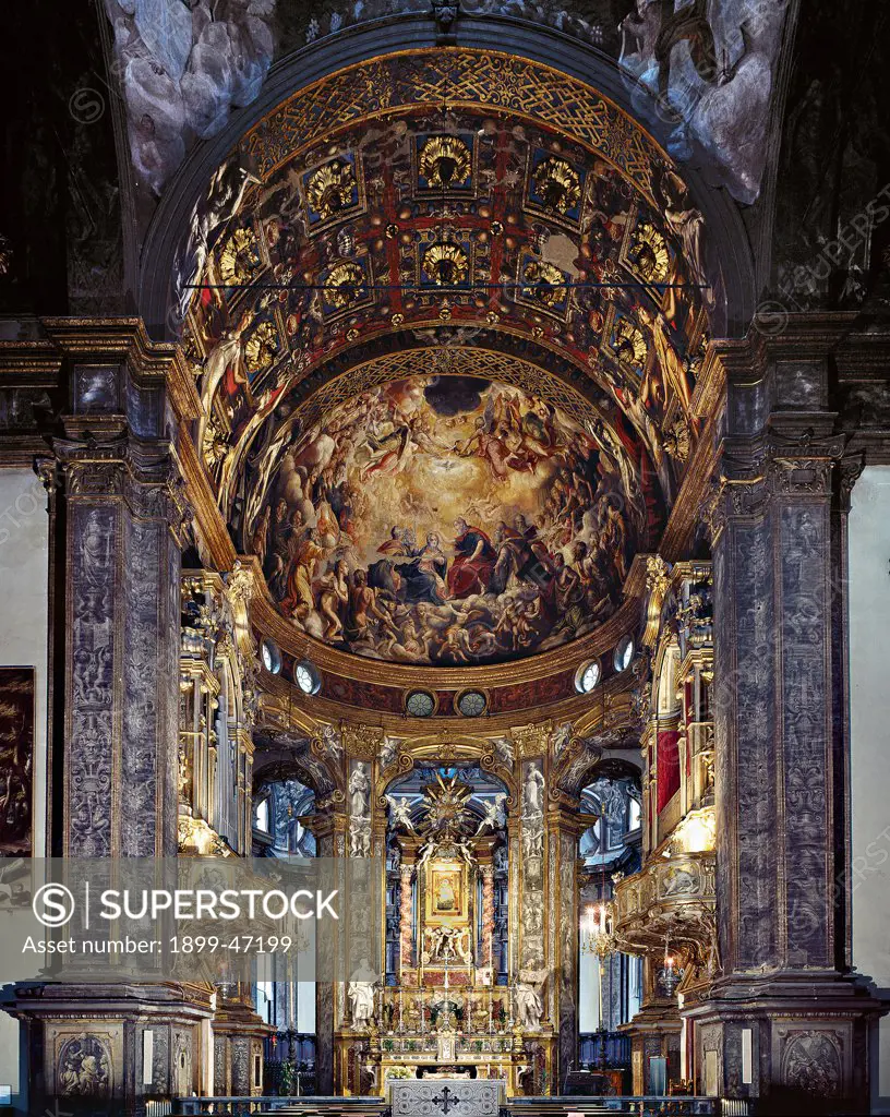Church of Santa Maria della Steccata in Parma, by Zaccagni Giovan Francesco, 1520, 16th Century, . Italy: Emilia Romagna: Parma: Santa Maria della Steccata Basilica: basin and the chancel arch. View nave interior Coronation of the Virgin decoration of the intrados of the triumphal arch presbytery church Santa Maria della Steccata choirs of angels Holy Spirit three foolish virgins decoration coffered ceiling caisson plant festoons bi-valves shells gold red blue yellow white