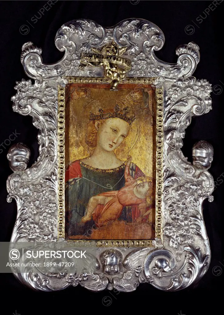 Madonna and Child, by Unknown artist, 14th Century, . Italy: Emilia Romagna: Ravenna: Cathedral. Whole artwork. Bust Madonna Virgin Infant Jesus/Christ Child/Baby Jesus/Child Jesus crown face frame silver putti rinceaux
