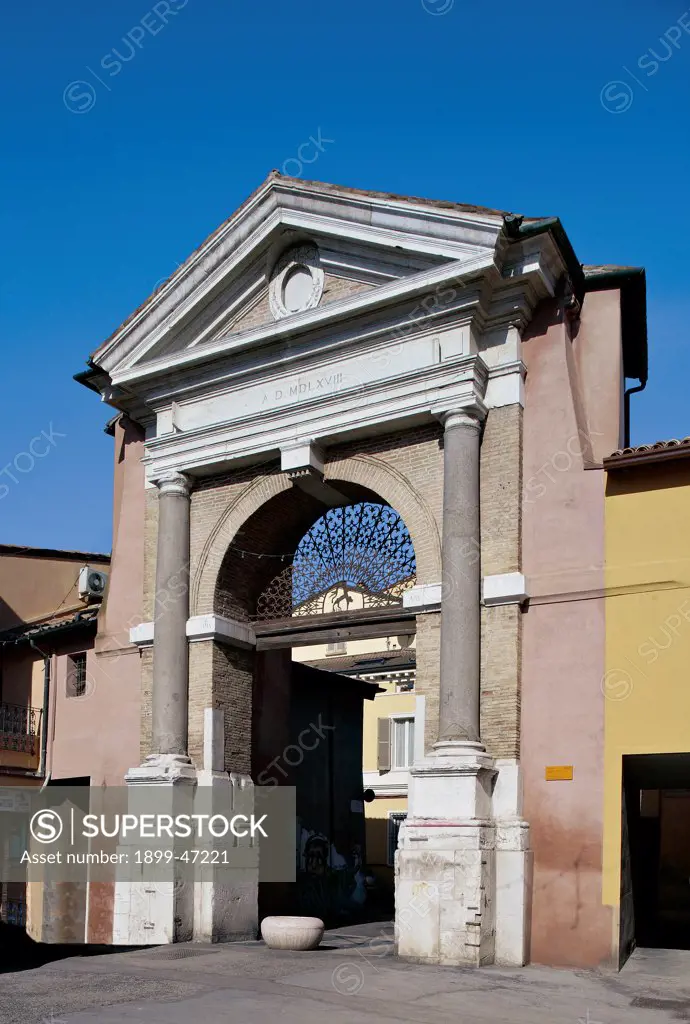 Porta Sisi, by Unknown artist, 1568, 16th Century, . Italy: Emilia Romagna: Ravenna: Porta Sisi. View gate Sisi Ravenna doorway columns pilasters/antas pediment arch