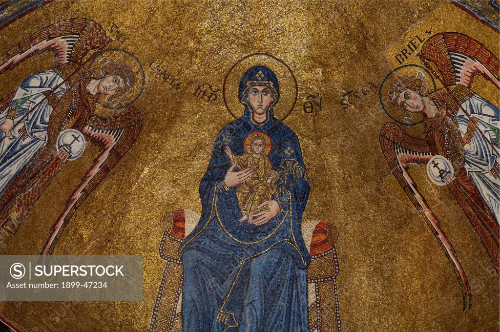 Enthroned Madonna and Child with the Archangels Michael and Gabriel and apostles, by Unknown artist, 12th Century, mosaic. Italy: Friuli Venezia Giulia: Trieste: San Giusto Cathedral Assunta Church: gia Chiesa dell'Assunta abside. Detail. Mosaic decoration apsidal conch mosaic gold background Virgin Madonna throne Baby/Child Jesus/Christ Child Archangels Michael Gabriel