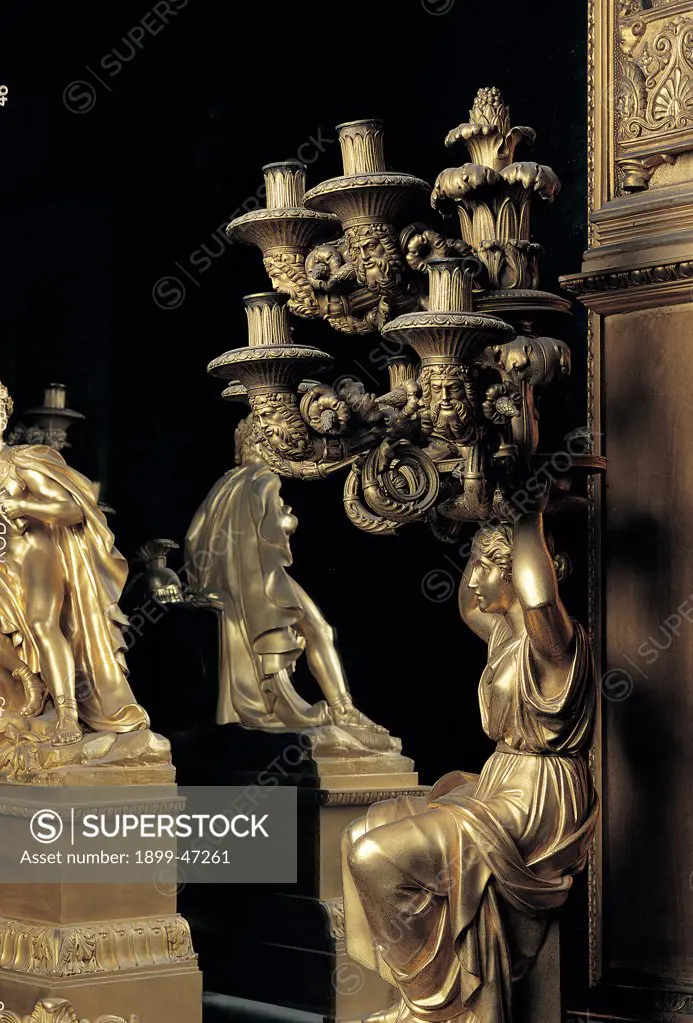 Candelabrum, by Manifattura Manfredini, drawing Palagi Pelagio, 1837, 19th Century, gilded bronze. Italy: Piemonte: Turin: Royal Palace: Sala delle Udienze. Detail. Brackets bearded heads woman gold