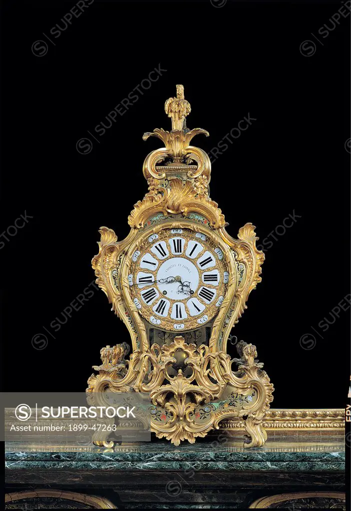 Shelf clock, by Turin Work, 1750 - 1760, 18th Century, painted wood, gilded bronze. Italy: Piemonte: Turin: Royal Palace. Whole artwork. Clock case plume contours vegetable interlacement volutes polychromatic flowers