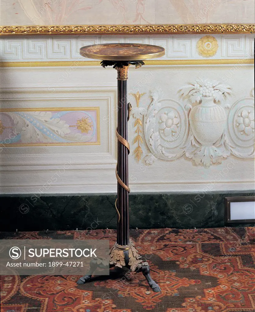 Little Table, by Pietro Fondelli, 1826, 19th Century, wood veneered, gilded bronze applications, marble top. Italy: Tuscany: Florence: Palazzo Pitti: Quartiere d'Inverno MPP 1911 n. 16551. Whole artwork. Little table