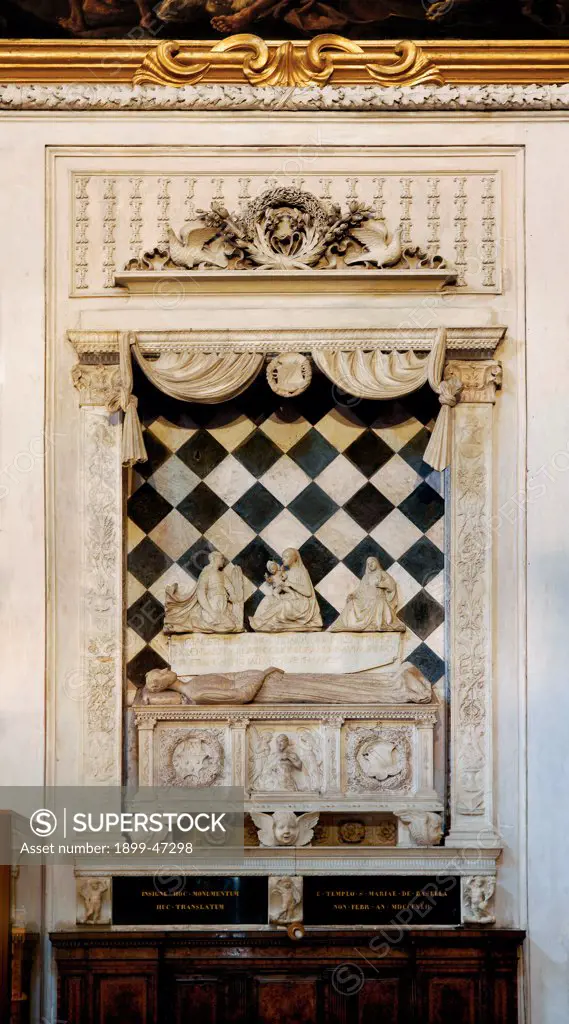 Funerary Monument of Medea Colleoni, by Amadeo Giovanni Antonio, 1470, 15th Century, . Italy: Lombardy: Bergamo: Colleoni Chapel. Front view. Sarcophagus relief drapery/cloth doves crown racemes phytomorphic motifs candelabrums deceased Medea Colleoni