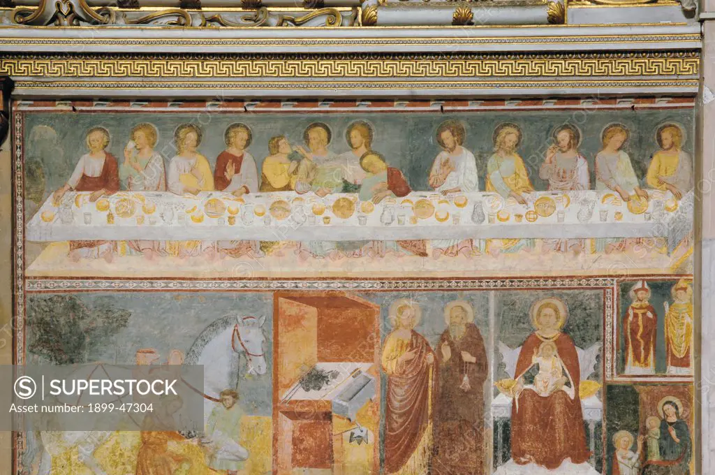 The Last Supper, by Master of the Tree of Life, 14th Century, fresco. Italy: Lombardy: Bergamo: Santa Maria Maggiore Basilica. Whole artwork. The Last Supper laid table Apostles/Disciples Jesus Christ bread/loaves jug/pitcher glass panel Saints Virgin Mary Infant Jesus/Christ Child/Baby Jesus/Child Jesus horse