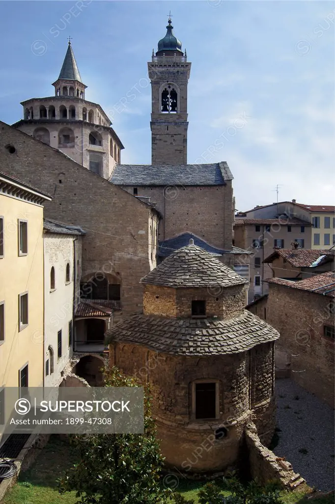 Church of Santa Croce in Bergamo, by Unknown artist, 7th Century, . Italy: Lombardy: Bergamo: Santa Croce Church. View church of Santa Croce Bergamo roof central plan stone