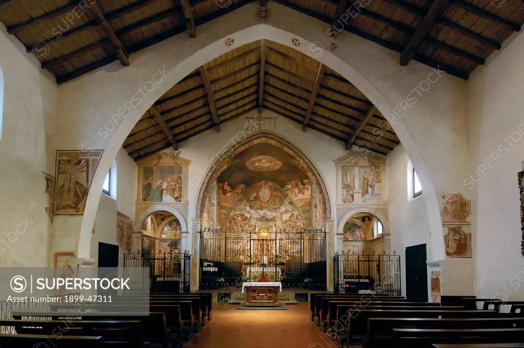 Church of San Michele al Pozzo Bianco, by Unknown artist, 12th Century, . Italy: Lombardy: Bergamo: San Michele al Pozzo Bianco Church. View interior altar pointed arch/ogive chapels wooden ceiling frescoes