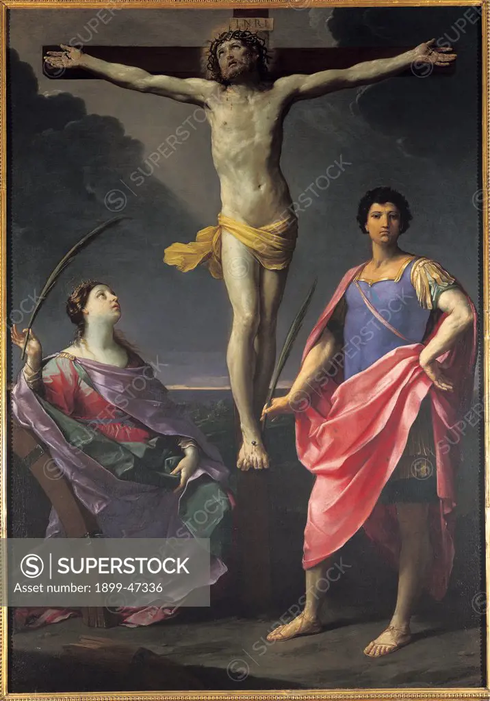 Jesus Christ Crucified between St Catherine of Alexandria and St Julius, by Reni Guido, 1622, 17th Century, oil on canvas. Italy: Tuscany: Lucca: Villa Guinigi National Museum. Whole artwork. Cross Jesus Christ crown of thorns scroll/cartouche inscription Saints Martyrs Palm of Martyrdom St Catherine of Alexandria cogged wheel mantle/cloak drapery St Julius Roman senator conversion yellow pink blue iridescent colors/tones/hues green violet/purple clouds dark/overcast sky