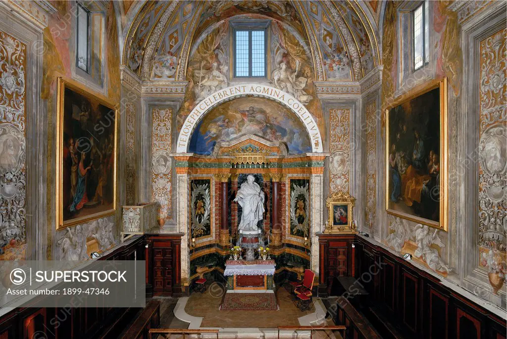 Oratory of San Giuseppe, by Unknown artist, 1503 - 1515, 16th Century, . Italy: Marche: Pesaro Urbino: Urbino: San Giuseppe Oratory. Hall Oratory of San Giuseppe altar statue St Joseph niche painted wood paneling canvases frescoes decoration candelabras windows inscription gold