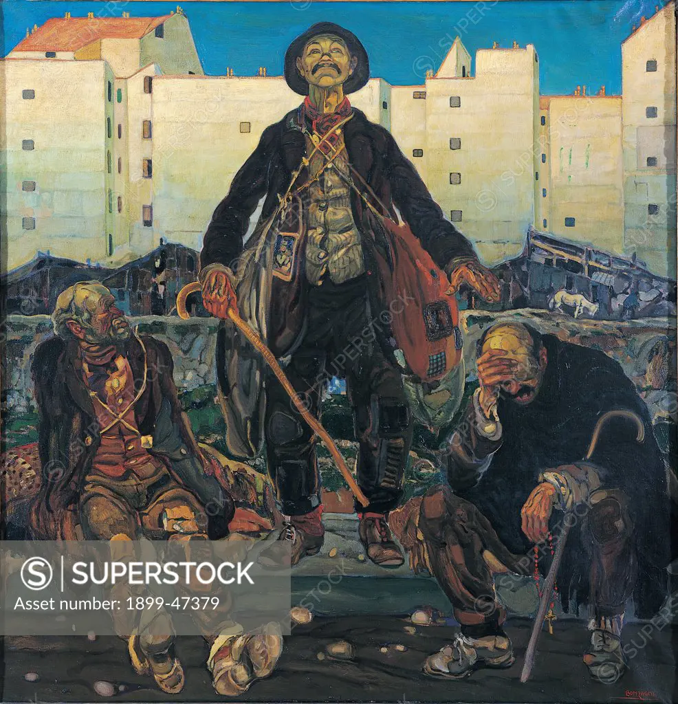 Unpleasant People, by Bonzagni Aroldo, 1918, 20th Century, oil on canvas. Private collection. Whole artwork. Buildings city huts tramps derelicts old beggars sticks rags down-and-outs waste bags stones poor brown black gray yellow