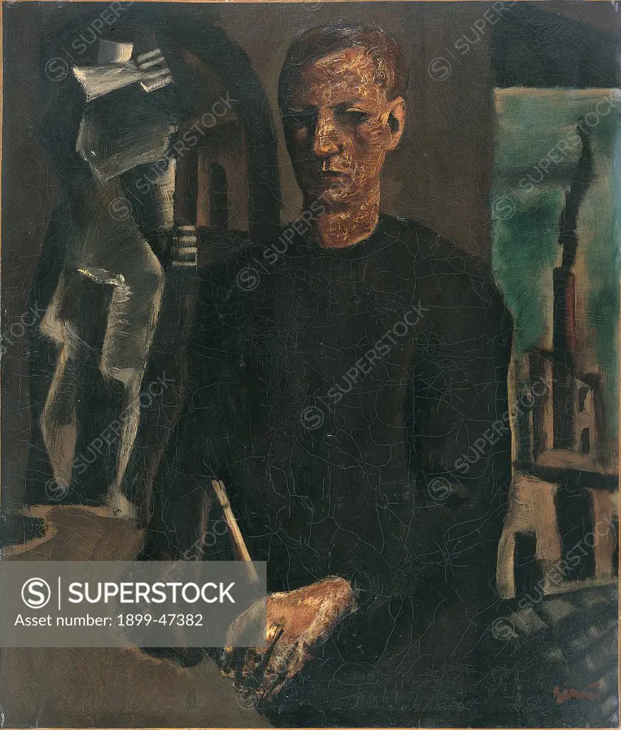 The Engineer, by Sironi Mario, 1928, 20th Century, oil on canvas. Private collection. Whole artwork. Man statue window factory chimney/chimneystack compasses/calipers engineer black brown white