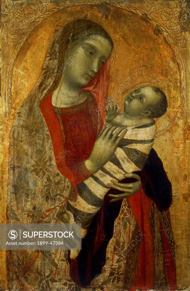 Madonna with Child, by Lorenzetti Ambrogio, 1320, 14th Century, tempera on panel. Italy: Lombardy: Milan: Brera Art Gallery. Whole artwork. Madonna mantle/cloak embroidery flowers red gold Baby/Child Jesus aureole/halo