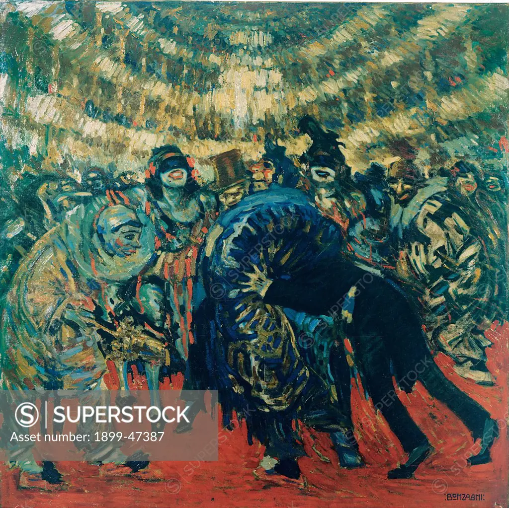 The Masked Ball at Scala Theater, by Bonzagni Aroldo, 1912, 20th Century, oil on canvas. Private collection. Whole artwork. Red carpet stalls theater people crowd men tuba cylinder women clothes black clown