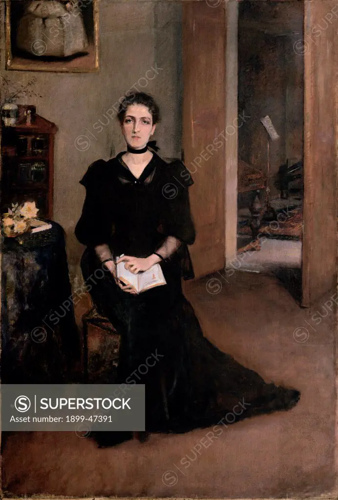 Portrait of the Artist's Sister Nathalie, by Fabbri Paolo Egisto, 1888 - 1892, 19th Century, oil on canvas. Italy, Private collection. Whole artwork. Nathalie Fabbri dressed in black seated sitting-room book passion for literature door lectern stave music musical education.