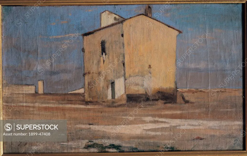 Sardinia, by Fattori Giovanni, 1890 - 1900, 19th Century, oil on canvas. Italy, Private collection. Whole artwork. Sunny landscape desolate plain farmhouse clear sky brightness.