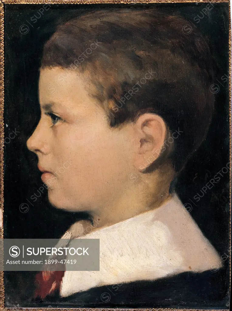 Portrait of the Artist's Brother Alessandro, by Fabbri Paolo Egisto, 1886, 19th Century, oil on canvas. Italy, Private collection. Whole artwork. Profile child collar white apron ribbon black red.