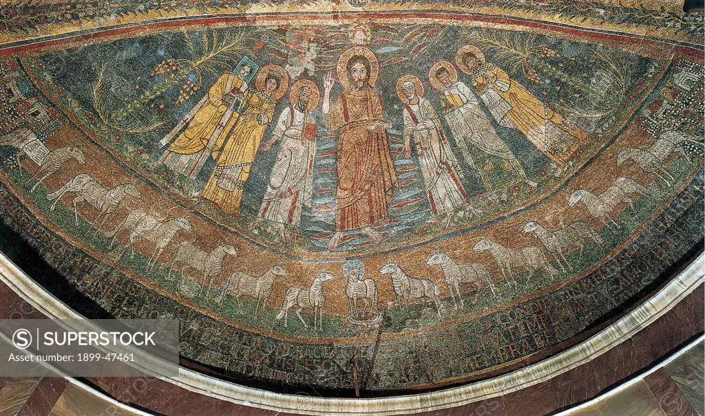 Mosaic in the apse bowl with Jesus Christ giving the Blessing with saints, by Unknown, 9th Century, mosaic. Italy, Lazio, Rome, Santa Cecilia in Trastevere Basilica. Whole artwork. Apse mosaic Jesus Christ blessing raising his right hand at the sides St Peter St Paul wearing togas St Agatha St Cecilia St Valerian Pope Pasquale I square nimbus of the living Mystic Lamb sheep representing the.