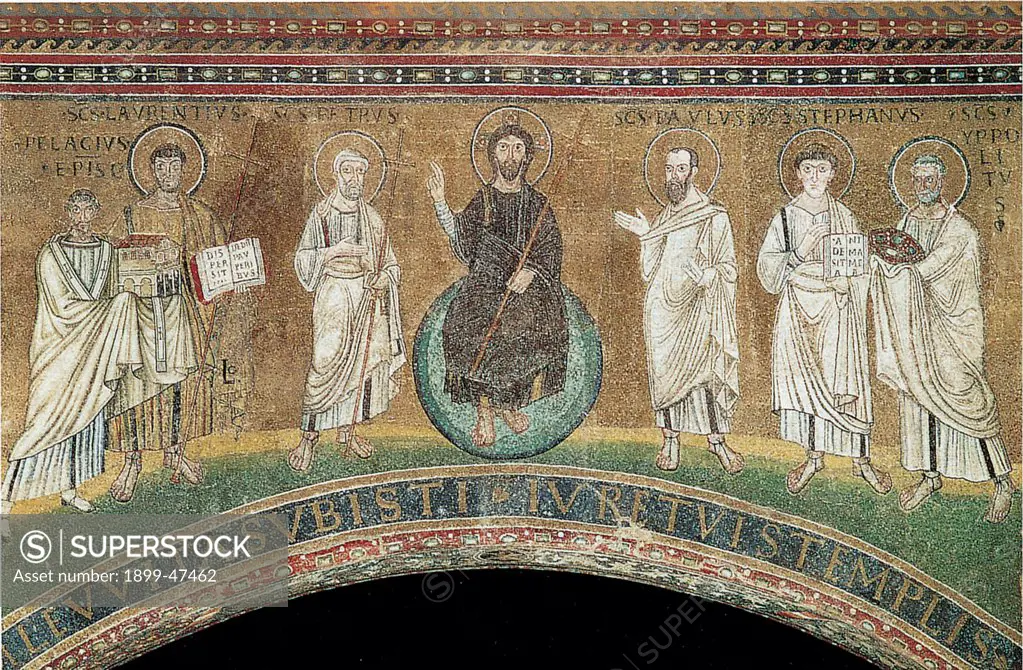 Benedictory Jesus with Sts Lawrence, Peter, Paul, Stephen, Hippolytus and Pope Pelagio, by Unknown, 6th Century, mosaic. Italy, Lazio, Rome, San Lorenzo fuori le Mura Church. Detail. Mosaic on triumphal arch Jesus Christ giving the blessing globe land and water St Peter St Paul St Stephen St Hippolytus St Laurence St Pelagius offering model of the church hierarchical proportion.