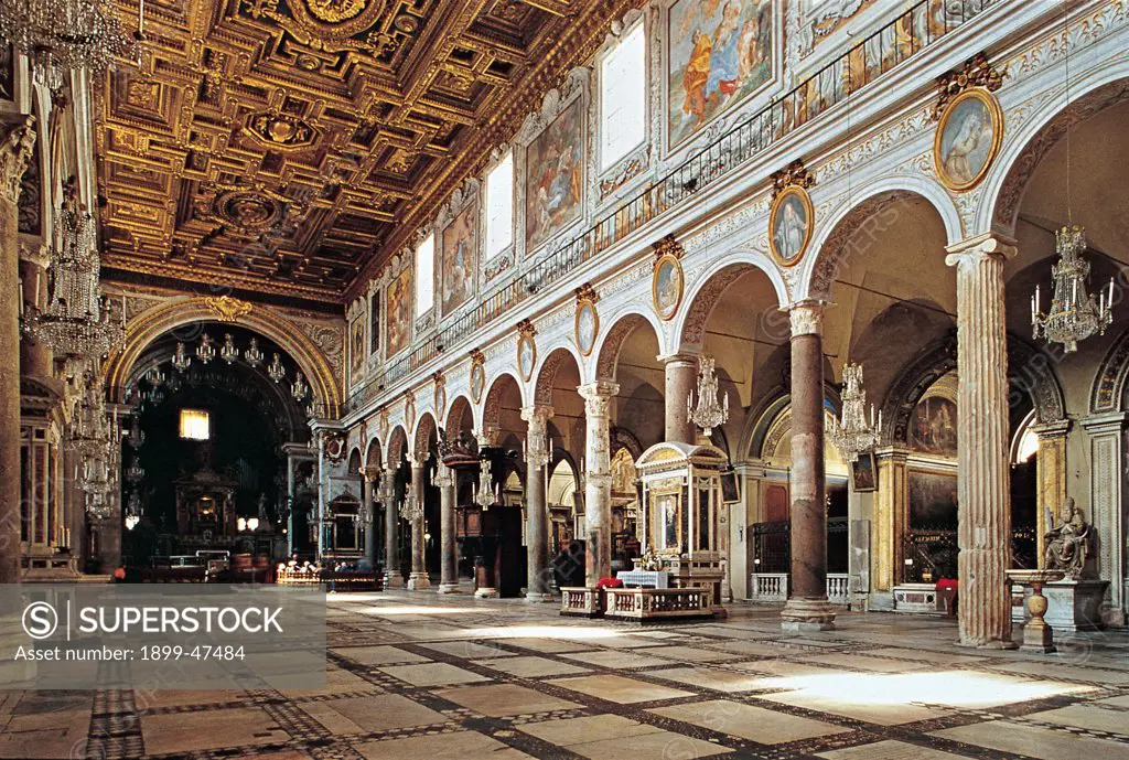 Church of Santa Maria in Aracoeli, by Unknown, 7th Century, Unknow. Italy, Lazio, Rome, Santa Maria in Aracoeli Basilica. View of church interior nave and two side-aisles rounded arches re-used Ionic and Corinthian capitals Cosmatesque polychrome marble floor walls of nave decorated with 17C frescoes depicting the Life of the Virgin Mary.