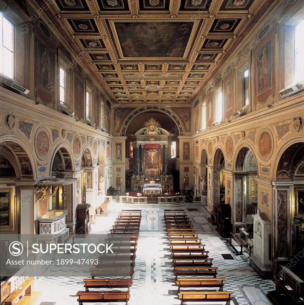 Church of San Lorenzo in Lucina, by Unknown, 4th Century, Unknow. Italy, Lazio, Rome, San Lorenzo in Lucina Church. Bird's eye view of nave and center of church presbytery balustrades saepta altar coffered ceiling caisson frescoes pulpit.