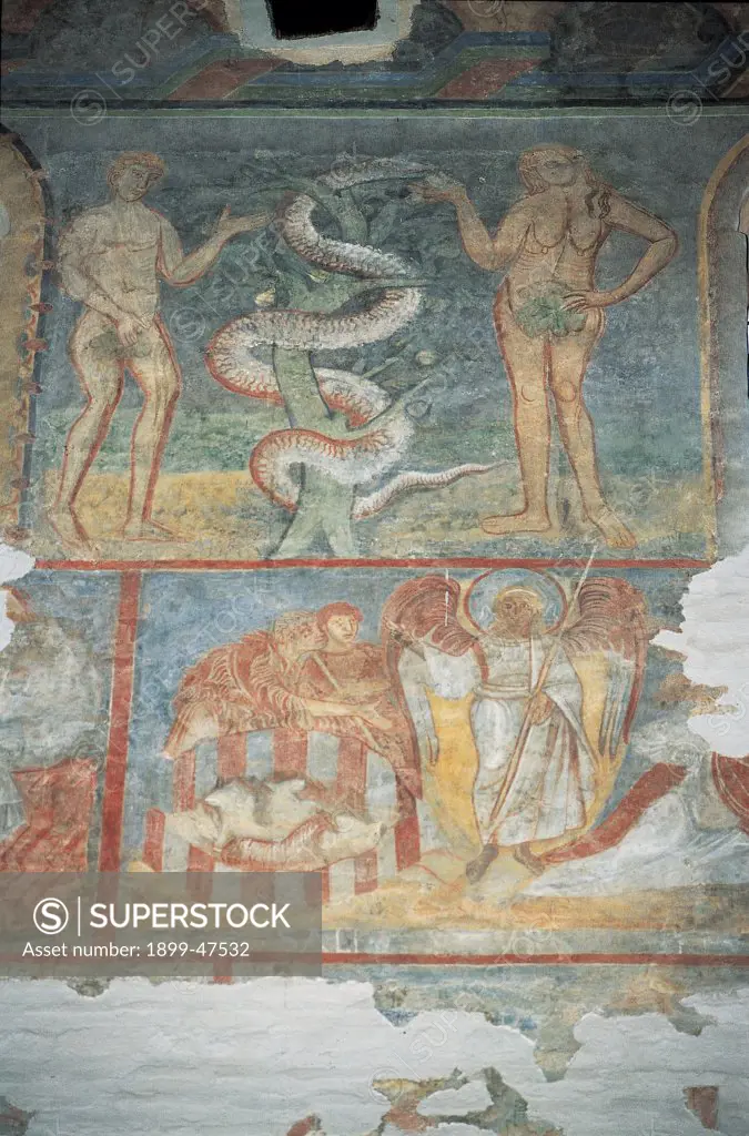 Church of San Giovanni a Porta Latina, by Unknown, 5th Century, Unknow. Italy, Lazio, Rome, San Giovanni a Porta Latina Church. Detail. Fresco cycle stories from Old Testament and New Testament Adam and Eve temptation apple-tree apple serpent snake Devil Temptor nude naked Jesus the Good Shepherd colors wall nave decoration.
