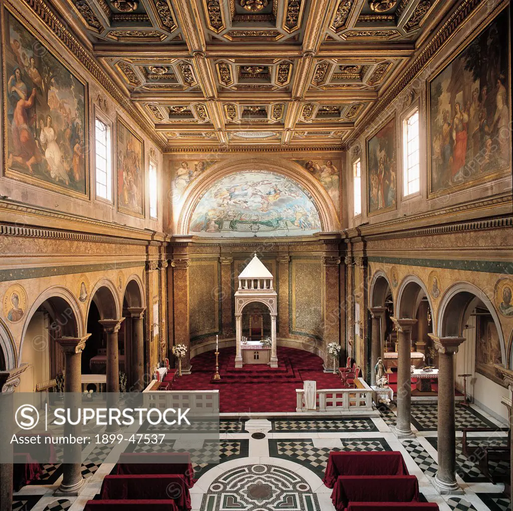 Church of Sant'Agata dei Goti, by Unknown, 5th Century, Unknow. Italy, Lazio, Rome, Sant'Agata dei Goti Church. View of interior nave separated from side-aisles by arches resting on Corinthian columns stucco capitals dosseret saepta presbytery altar with ciborium 19C coffered ceiling caisson 17C frescoes and paintings.