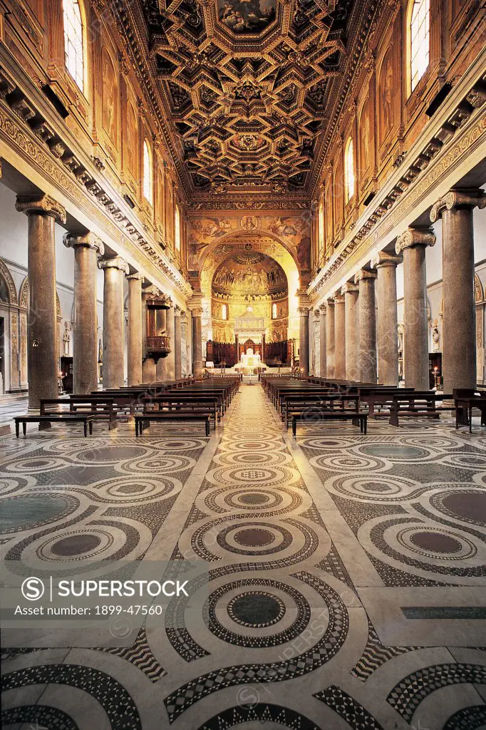 Church of Santa Maria in Trastevere, by sketch Fontana Carlo, 4th Century, Unknow. Italy, Lazio, Rome, Santa Maria in Trastevere Basilica. View of nave seprated from side-aisles by granite columns with early-Christian Ionic capitals coffered ceiling caisson Cosmatesque floor with marble inlay presbytery mosaic decoration with gold background wooden choir.