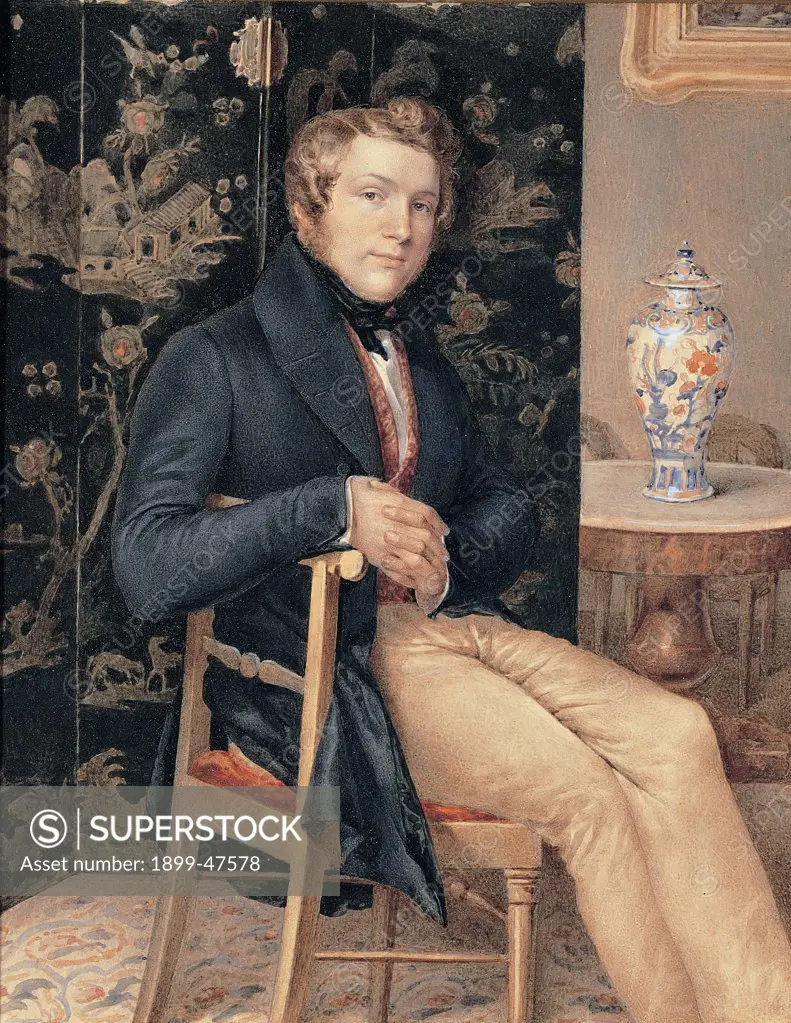 Man portrait in an interior, by Molteni Giuseppe, 1835, 19th Century, oil on canvas. Italy, Lombardy, Milan, Private collection. Whole artwork. Young man jacket waistcoat foulard chair interior bourgeois screen lacquer decoration oriental tea-table Chinese pot picture frame: cornice carpet.