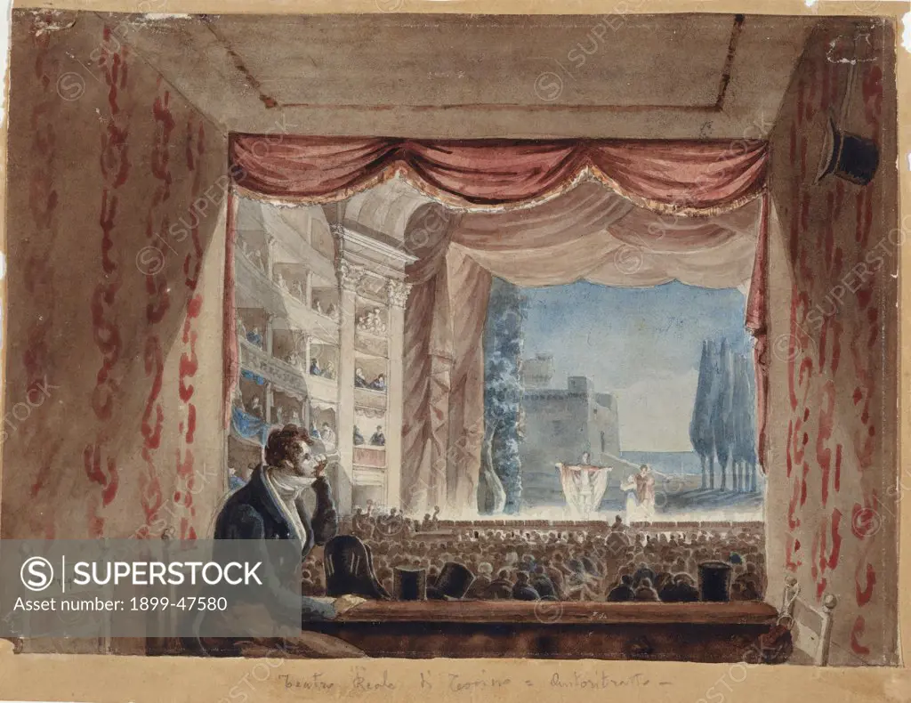 At the Theater with Self-portrait, by D'Azeglio Massimo, 1817 - 1818, 19th Century, watercolor. Italy, Lazio, Rome, National Gallery of Modern Art. Whole artwork. Private box wallpaper spectator self-portrait painter Massimo d'Azeglio monocle top hat theater wallpaper facing stalls audience show stage curtain.