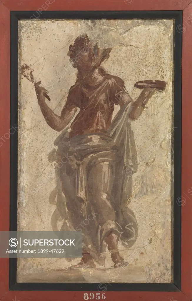 Female figure with sistrum and harpsichord, by Unknown, 1st Century b.C.- 1st Century, painted stucco. Italy, Campania, Naples, National Archaeological Museum, from Herculaneum. Whole artwork. Young woman dancer player musical instruments sistrum harpsichord.