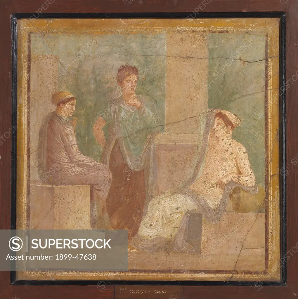 Conversation between Women, by Unknown, 41 - 62, 1st Century, painted stucco. Italy, Campania, Naples, National Archaeological Museum, from Herculaneum. Whole artwork. Three women conversation pillar green red.